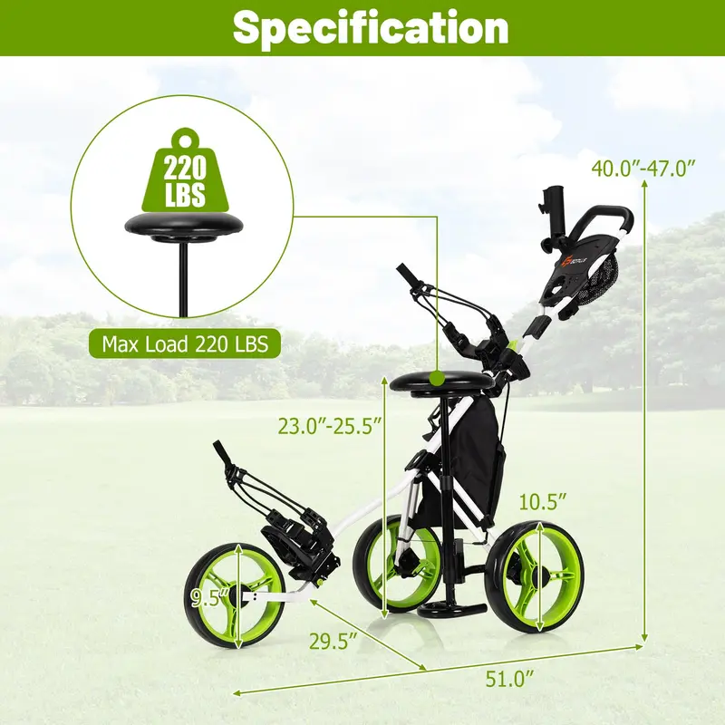 Goplus 3-Räder-Golf-Schiebewagen, leichter, faltbarer Caddy-Wagen mit verstellbarem Sitz
