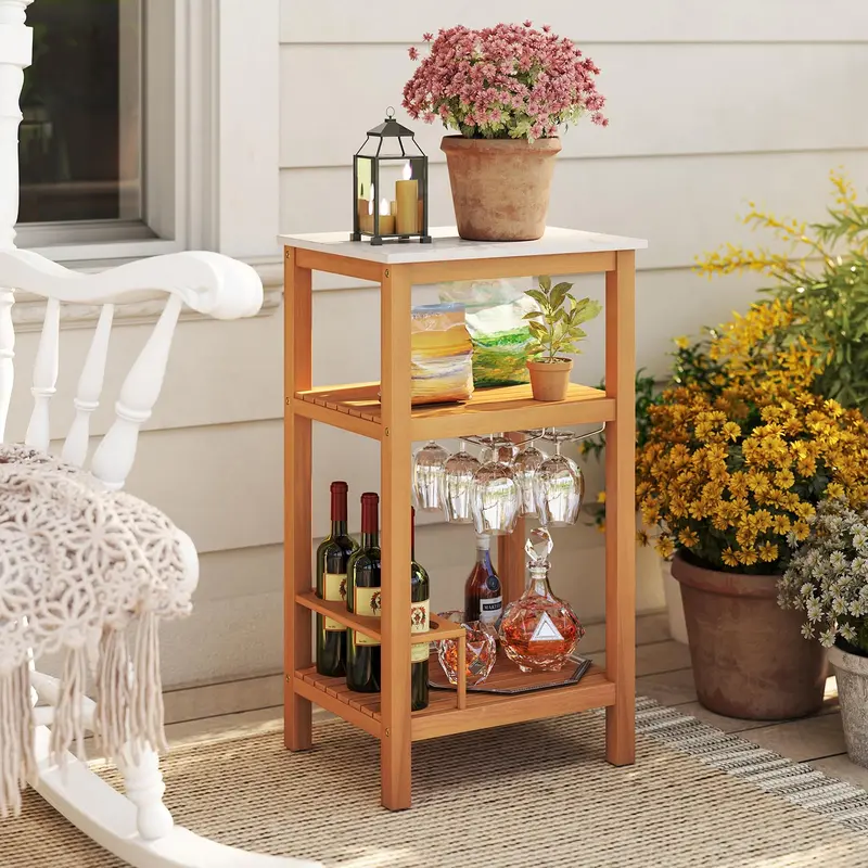 Goplus 3-stufiger Patio-Buffet-Schrank mit Kunst-Marmor-Arbeitsplatte 2