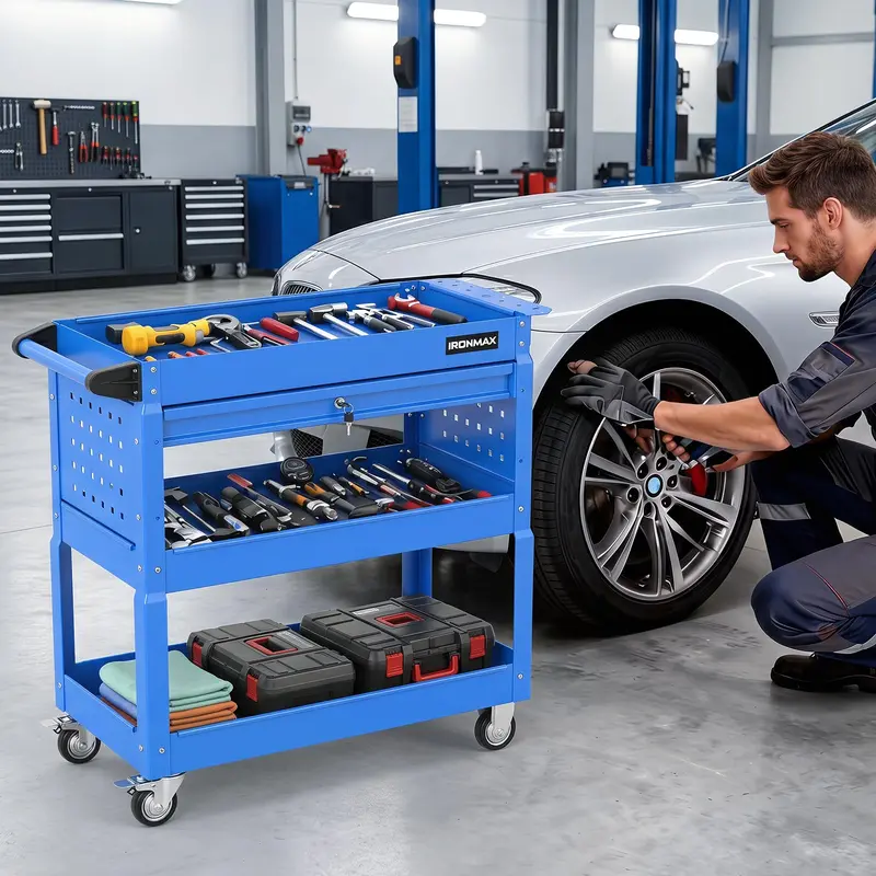 Goplus 3-stufiger rollender Werkzeugwagen mit abschließbarer Schublade | Hochbelastbarer Metall-Hilfswagen auf Rollen 2