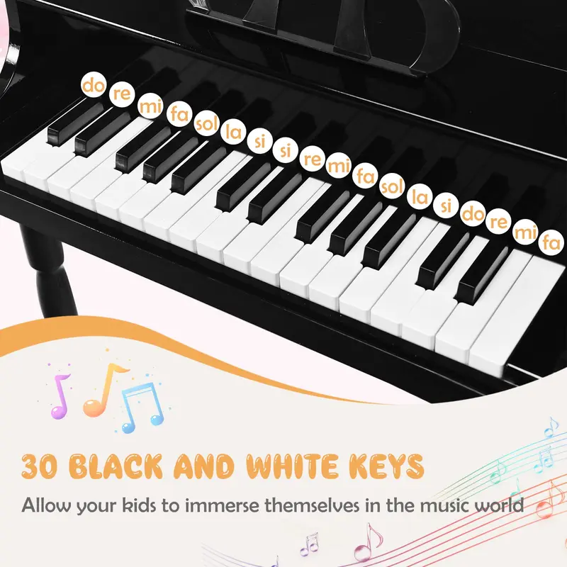GoPlus 30-Tasten-Klassik-Klavier für Kinder, Mini-Flügel aus Holz zum Erlernen des Klavierspiels – Musikalisches Spielzeug mit Hocker (4 gerade Beine, schwarz) 2