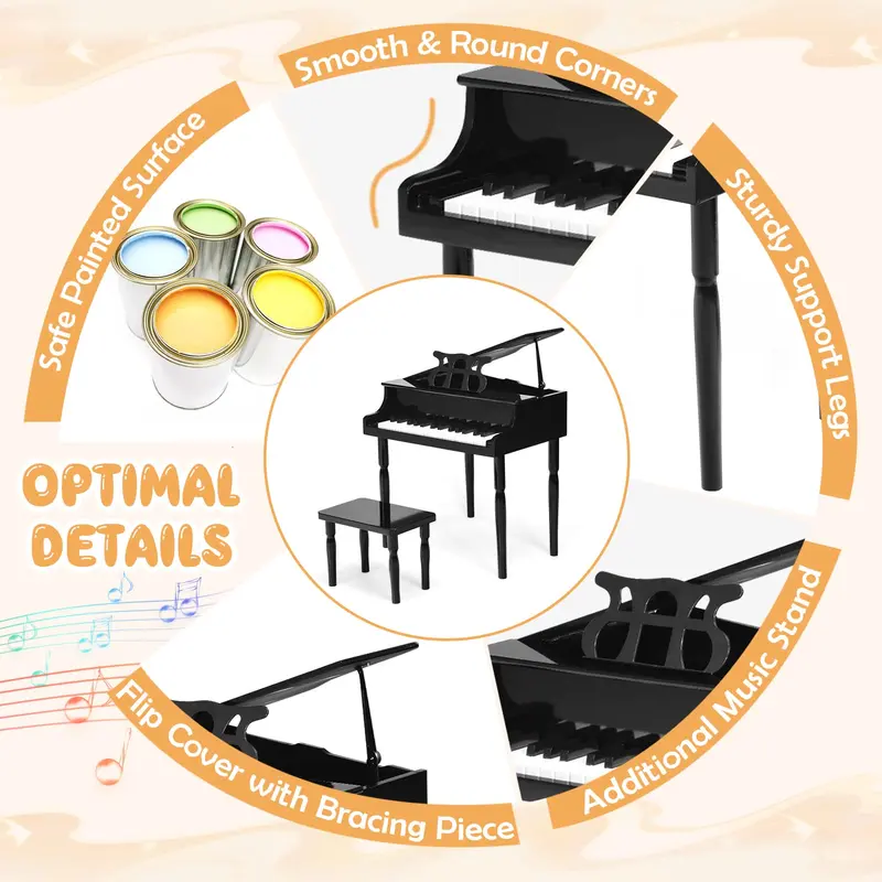 GoPlus 30-Tasten-Klassik-Klavier für Kinder, Mini-Flügel aus Holz zum Erlernen des Klavierspiels – Musikalisches Spielzeug mit Hocker (4 gerade Beine, schwarz)