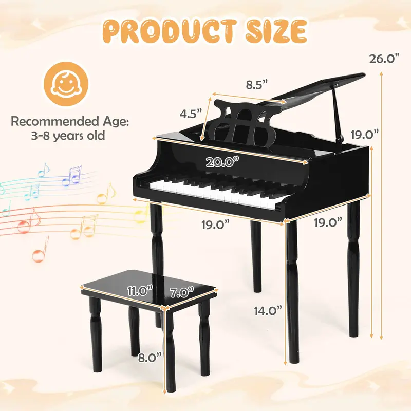 GoPlus 30-Tasten-Klassik-Klavier für Kinder, Mini-Flügel aus Holz zum Erlernen des Klavierspiels – Musikalisches Spielzeug mit Hocker (4 gerade Beine, schwarz)