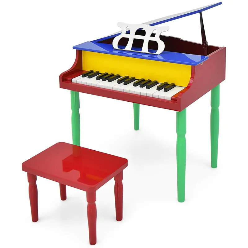 GoPlus 30-Tasten-Klassik-Klavier für Kinder, Mini-Flügel aus Holz zum Erlernen des Klavierspiels – Musikalisches Spielzeug mit Hocker (4 gerade Beine, schwarz)