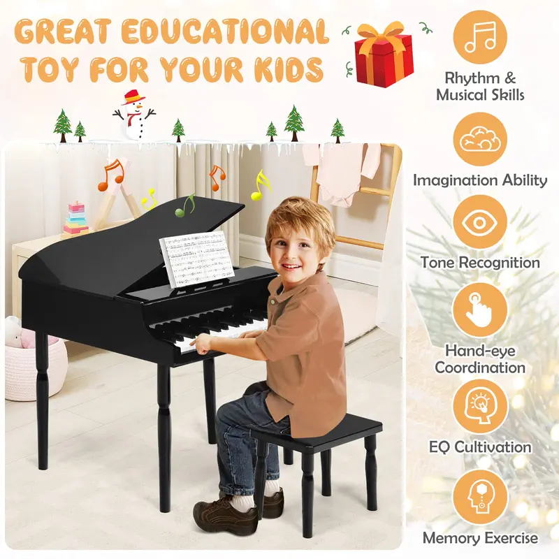 GoPlus 30-Tasten-Klassik-Klavier für Kinder, Mini-Flügel aus Holz zum Erlernen des Klavierspiels – Musikalisches Spielzeug mit Hocker (4 gerade Beine, schwarz)