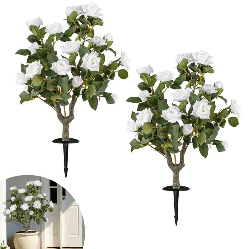 Goplus 31,5 cm (2 Stück) künstliche Rosenblüten-Bäumchen mit Stäben und 18 weißen Blüten