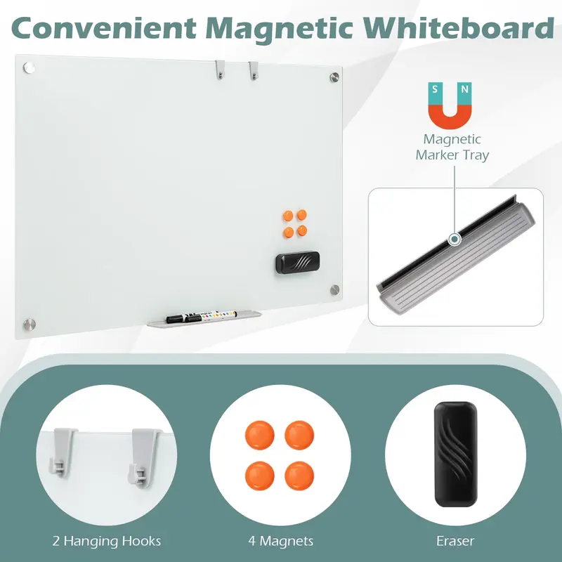 Goplus 36" x 24" magnetische Glas-Whiteboard-Tafel zum Trockenlöschen mit Radierer
