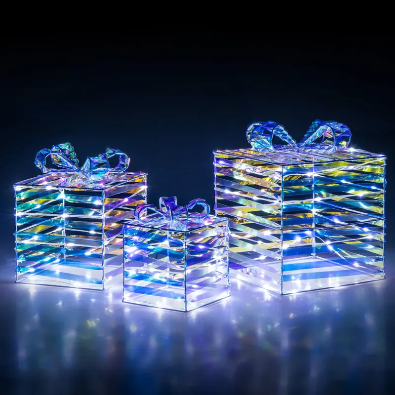 Goplus 3er-Set beleuchtete Weihnachtsgeschenkboxen, 90 LED-Leuchten in Geschenkboxen mit Schleifen, Kabelbindern und Erdspießen