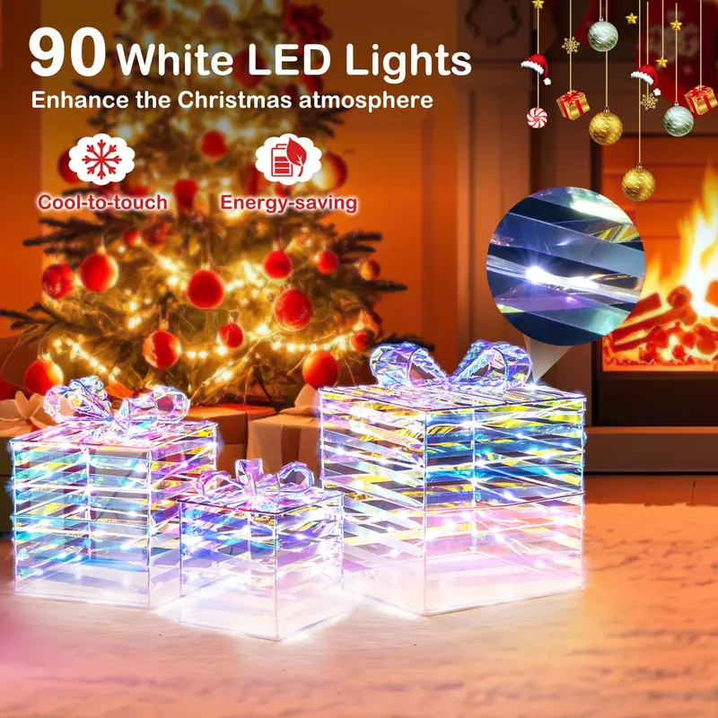 Goplus 3er-Set beleuchtete Weihnachtsgeschenkboxen, 90 LED-Leuchten in Geschenkboxen mit Schleifen, Kabelbindern und Erdspießen 2
