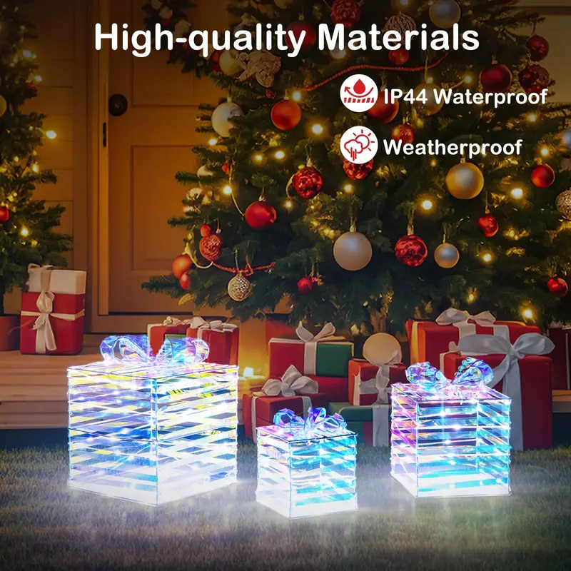 Goplus 3er-Set beleuchtete Weihnachtsgeschenkboxen, 90 LED-Leuchten in Geschenkboxen mit Schleifen, Kabelbindern und Erdspießen