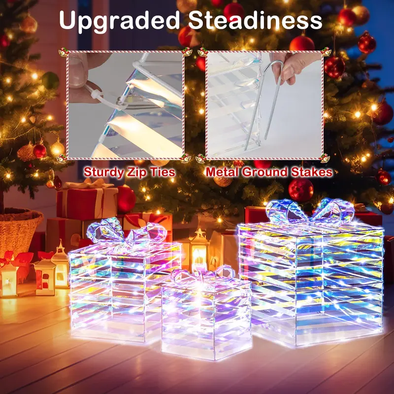 Goplus 3er-Set beleuchtete Weihnachtsgeschenkboxen, 90 LED-Leuchten in Geschenkboxen mit Schleifen, Kabelbindern und Erdspießen