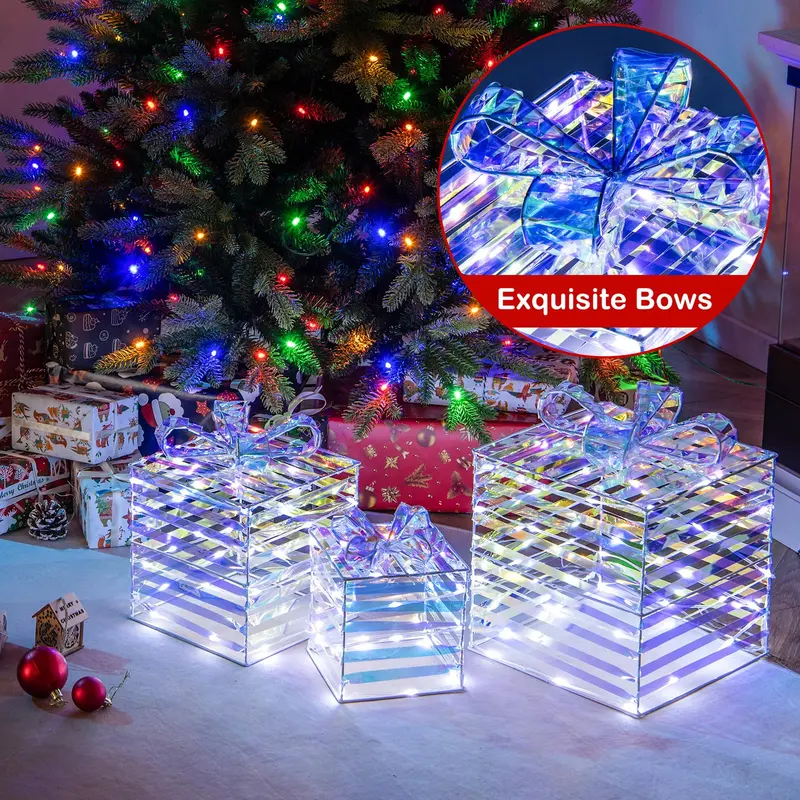 Goplus 3er-Set beleuchtete Weihnachtsgeschenkboxen, 90 LED-Leuchten in Geschenkboxen mit Schleifen, Kabelbindern und Erdspießen