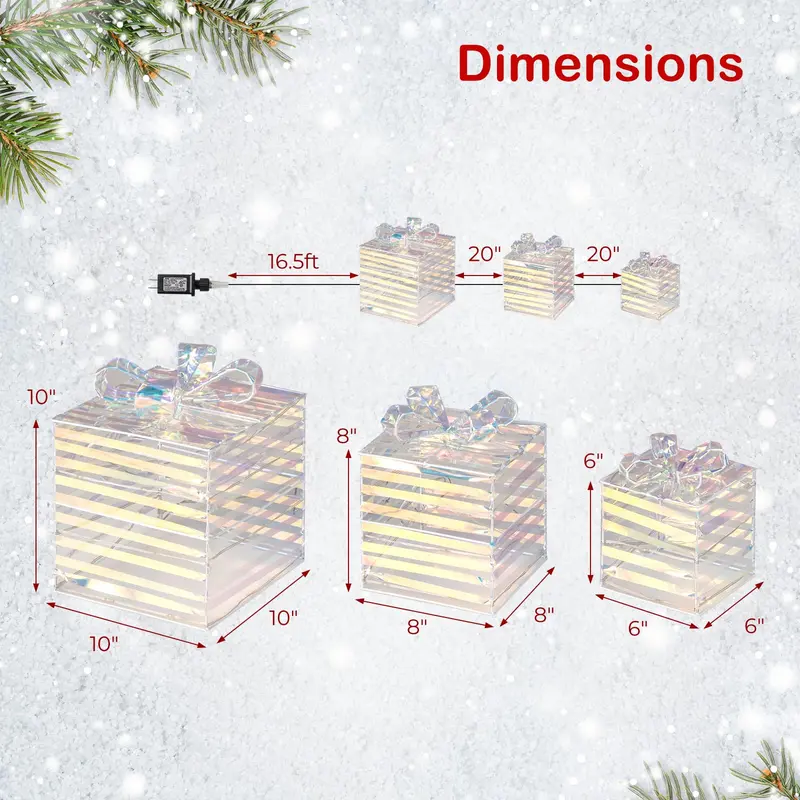 Goplus 3er-Set beleuchtete Weihnachtsgeschenkboxen, 90 LED-Leuchten in Geschenkboxen mit Schleifen, Kabelbindern und Erdspießen