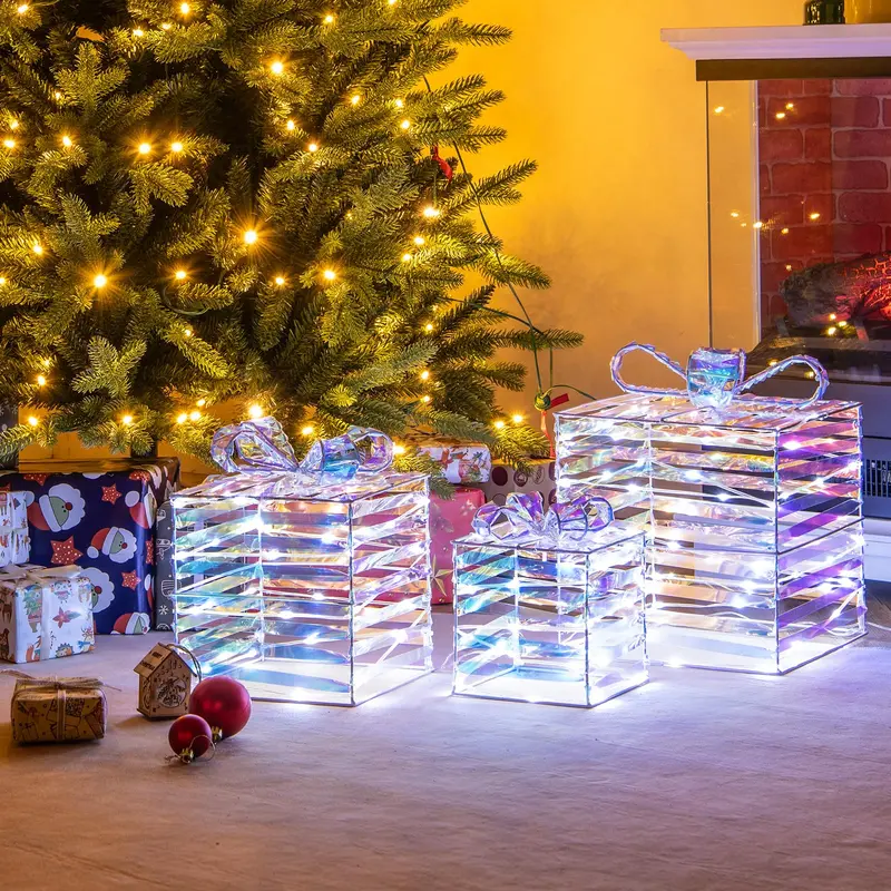 Goplus 3er-Set beleuchtete Weihnachtsgeschenkboxen, 90 LED-Leuchten in Geschenkboxen mit Schleifen, Kabelbindern und Erdspießen