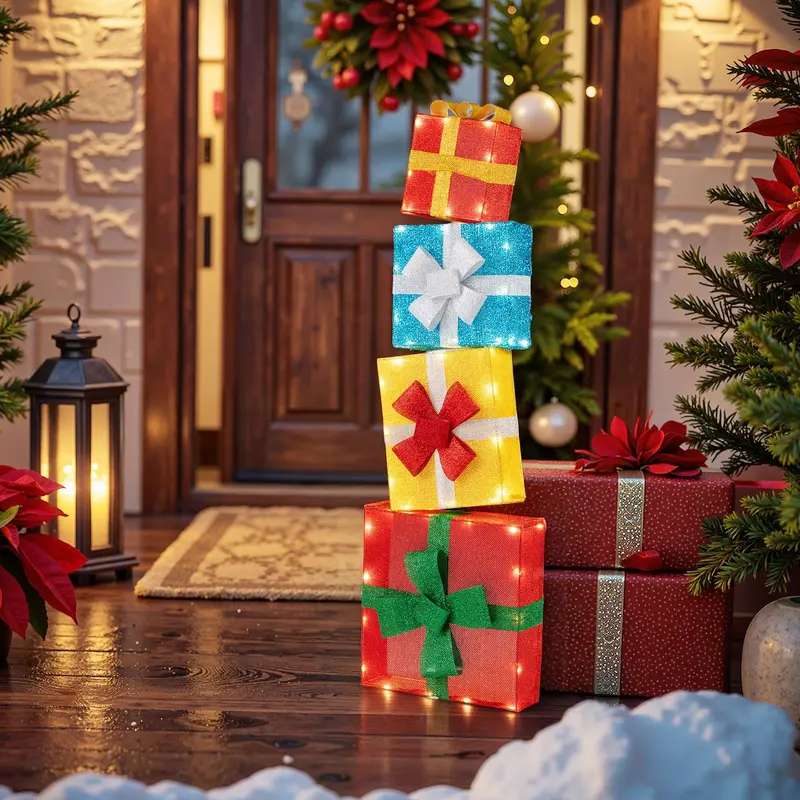 Goplus 4-Fuß-beleuchtete Geschenkboxen zum Stapeln, vorgefertigte Weihnachtsdekoration mit LED-Leuchten