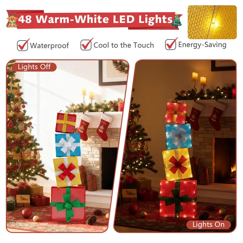 Goplus 4-Fuß-beleuchtete Geschenkboxen zum Stapeln, vorgefertigte Weihnachtsdekoration mit LED-Leuchten 2