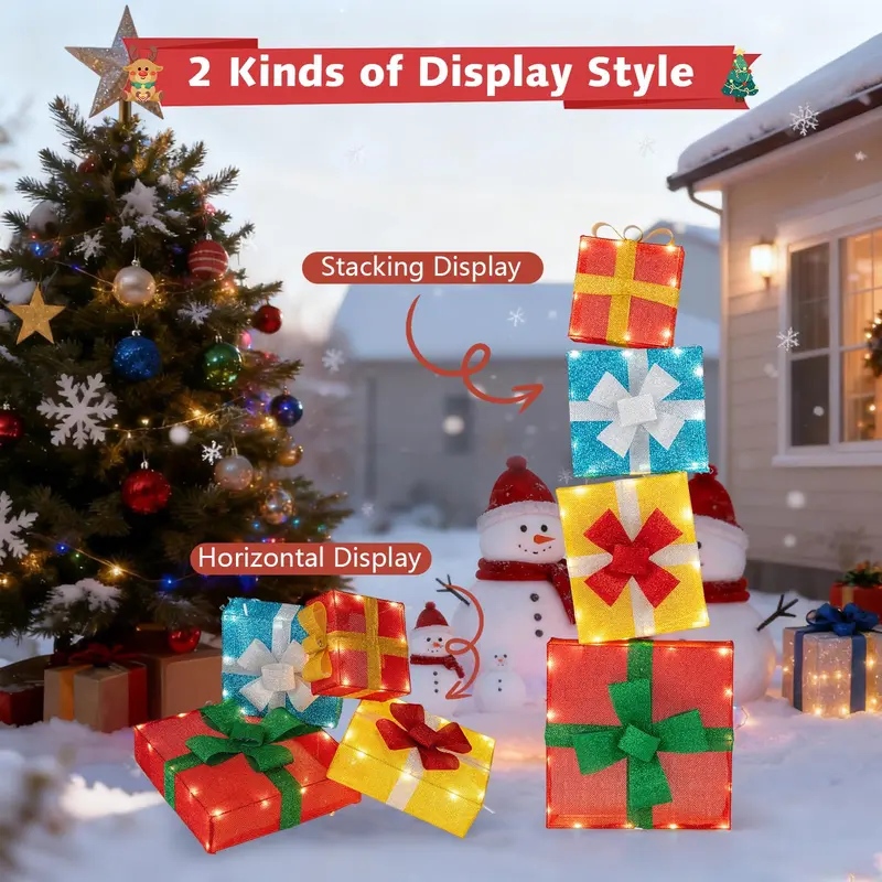 Goplus 4-Fuß-beleuchtete Geschenkboxen zum Stapeln, vorgefertigte Weihnachtsdekoration mit LED-Leuchten
