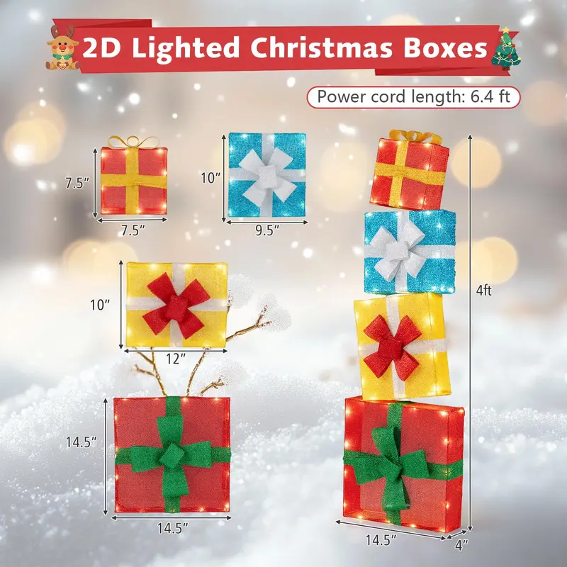 Goplus 4-Fuß-beleuchtete Geschenkboxen zum Stapeln, vorgefertigte Weihnachtsdekoration mit LED-Leuchten