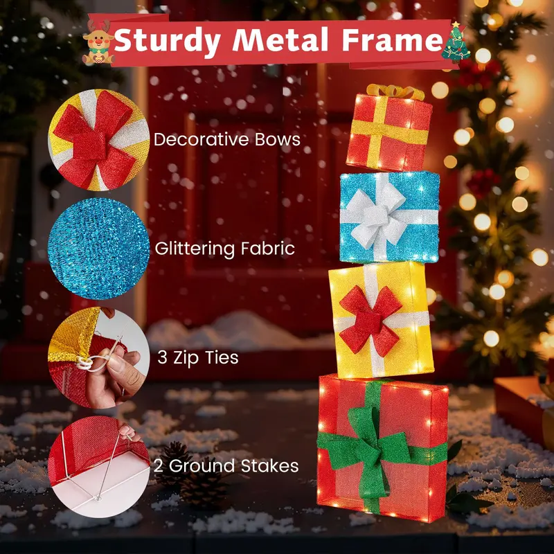 Goplus 4-Fuß-beleuchtete Geschenkboxen zum Stapeln, vorgefertigte Weihnachtsdekoration mit LED-Leuchten