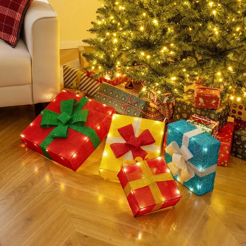 Goplus 4-Fuß-beleuchtete Geschenkboxen zum Stapeln, vorgefertigte Weihnachtsdekoration mit LED-Leuchten