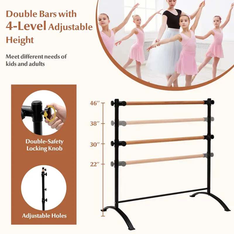Goplus 4-Fuß tragbare Ballettstange, 46" freistehende, höhenverstellbare Doppelballettstange mit rutschfestem Standfuß 2