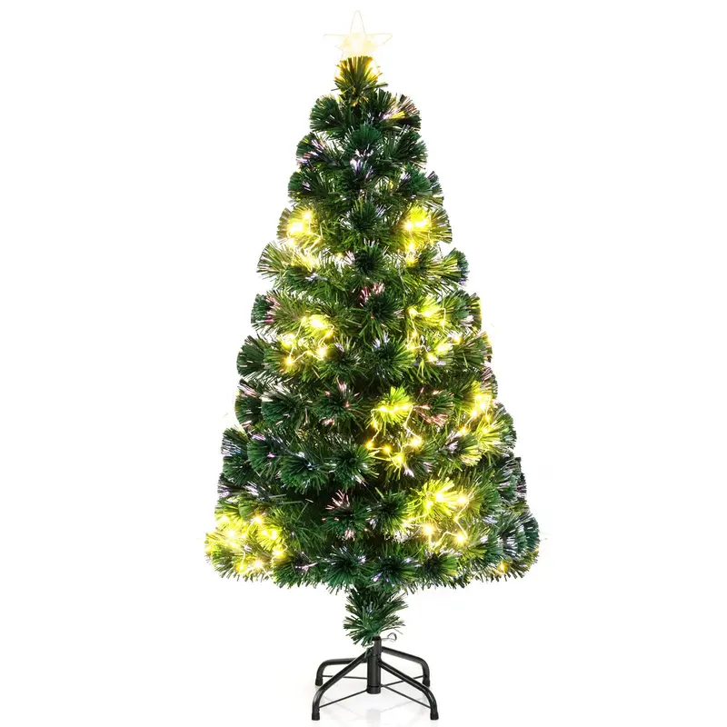 GoPlus 4-Fuß-vorgefertigter Faser-Optik-Weihnachtsbaum mit Beleuchtung, Spitzenstern, 130 Astspitzen, Metallständer, Dekoration für Büro und Zuhause