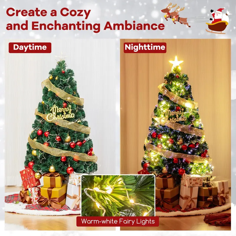 GoPlus 4-Fuß-vorgefertigter Faser-Optik-Weihnachtsbaum mit Beleuchtung, Spitzenstern, 130 Astspitzen, Metallständer, Dekoration für Büro und Zuhause 2