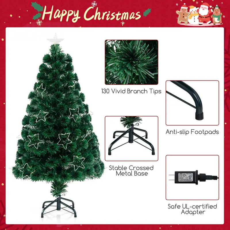 GoPlus 4-Fuß-vorgefertigter Faser-Optik-Weihnachtsbaum mit Beleuchtung, Spitzenstern, 130 Astspitzen, Metallständer, Dekoration für Büro und Zuhause