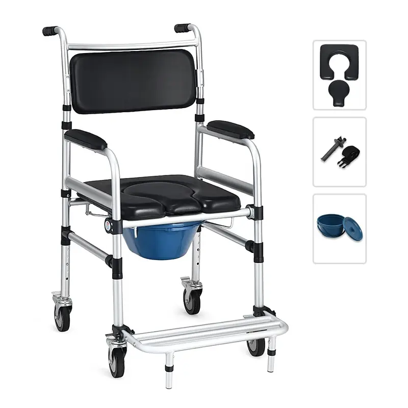 Goplus 4-in-1-Dusch-Kommode-Rollstuhl, 150 kg tragender Bettseiten-Kommode-Stuhl für die Toilette mit Armlehnen