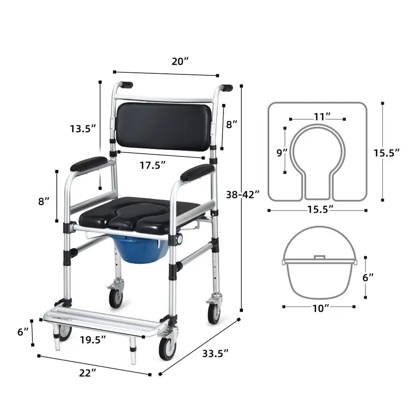 Goplus 4-in-1-Dusch-Kommode-Rollstuhl, 150 kg tragender Bettseiten-Kommode-Stuhl für die Toilette mit Armlehnen 2