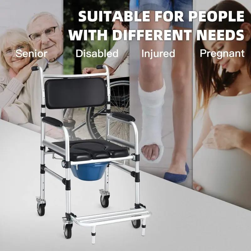 Goplus 4-in-1-Dusch-Kommode-Rollstuhl, 150 kg tragender Bettseiten-Kommode-Stuhl für die Toilette mit Armlehnen
