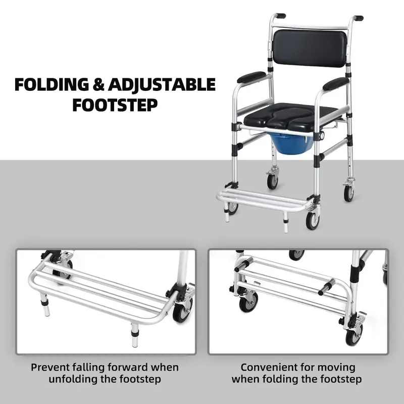 Goplus 4-in-1-Dusch-Kommode-Rollstuhl, 150 kg tragender Bettseiten-Kommode-Stuhl für die Toilette mit Armlehnen
