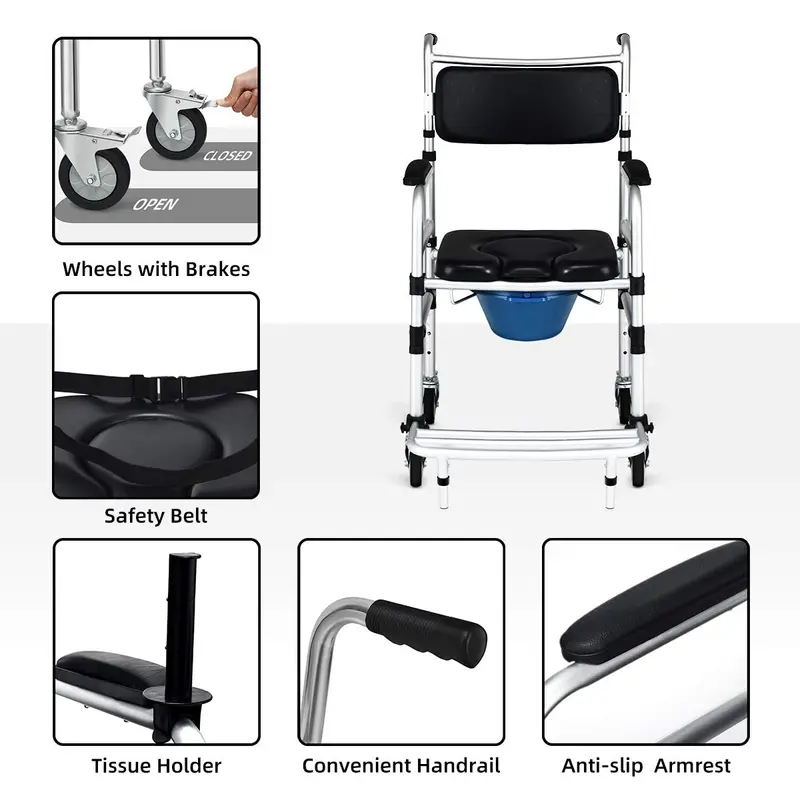 Goplus 4-in-1-Dusch-Kommode-Rollstuhl, 150 kg tragender Bettseiten-Kommode-Stuhl für die Toilette mit Armlehnen