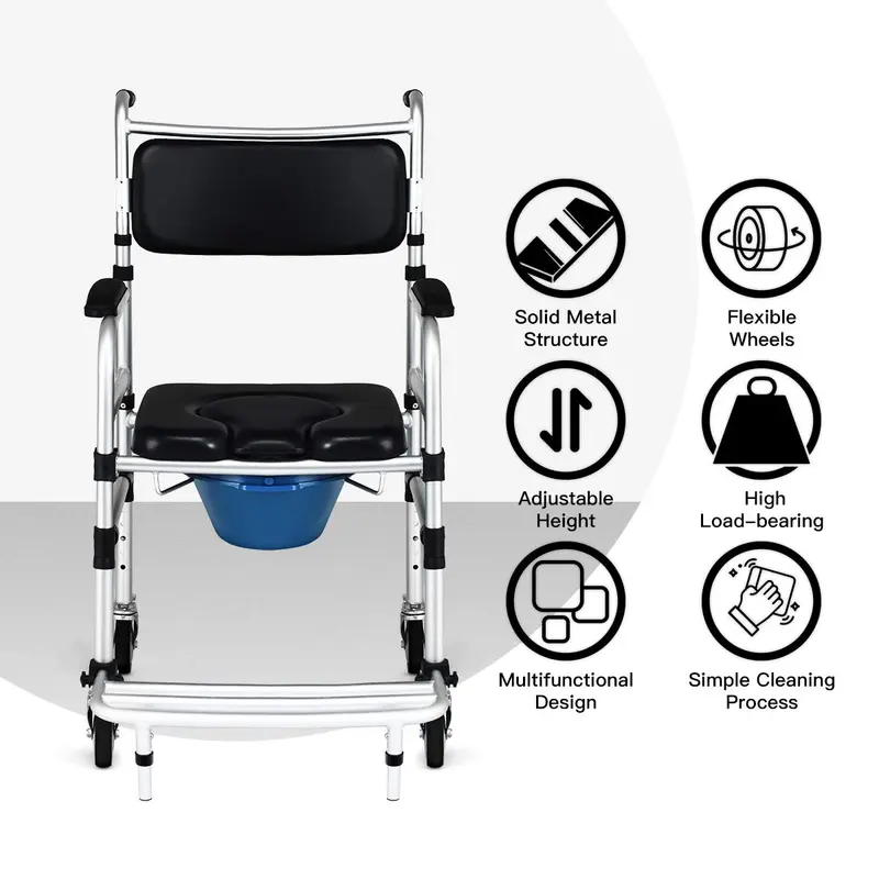 Goplus 4-in-1-Dusch-Kommode-Rollstuhl, 150 kg tragender Bettseiten-Kommode-Stuhl für die Toilette mit Armlehnen