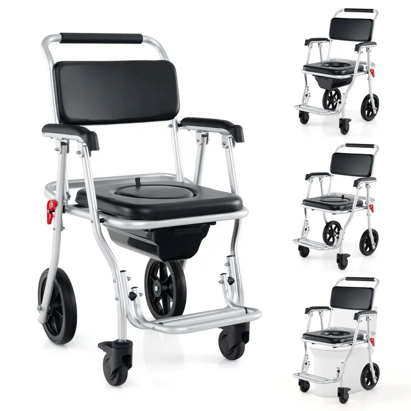 Goplus 4-in-1-Duschklosett-Rollstuhl, klappbarer Bettklosett-Stuhl für Toilettenbenutzung mit Armlehnen, Tragkraft bis 150 kg