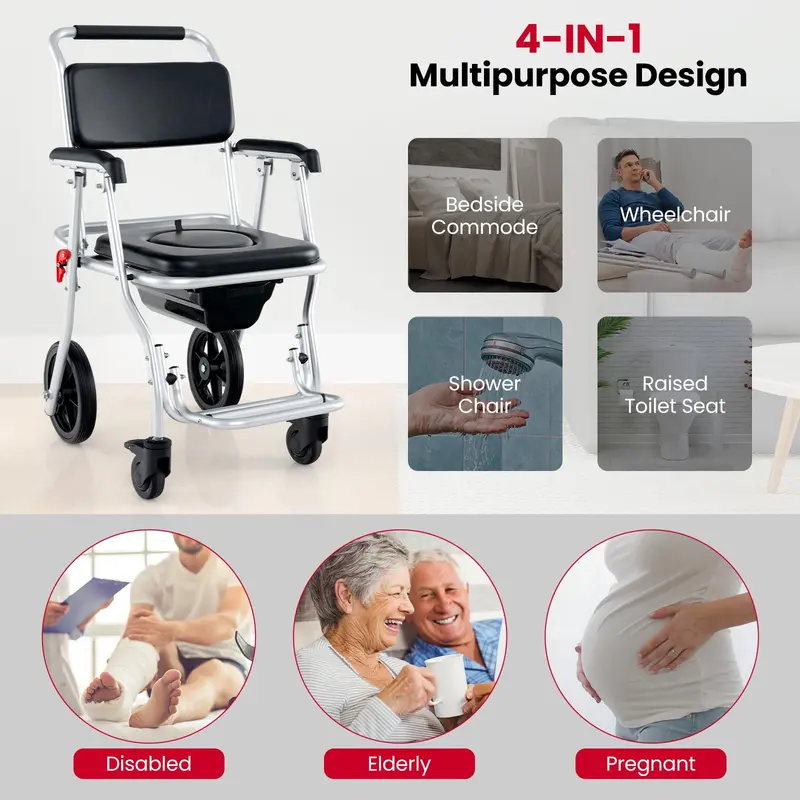 Goplus 4-in-1-Duschklosett-Rollstuhl, klappbarer Bettklosett-Stuhl für Toilettenbenutzung mit Armlehnen, Tragkraft bis 150 kg 2