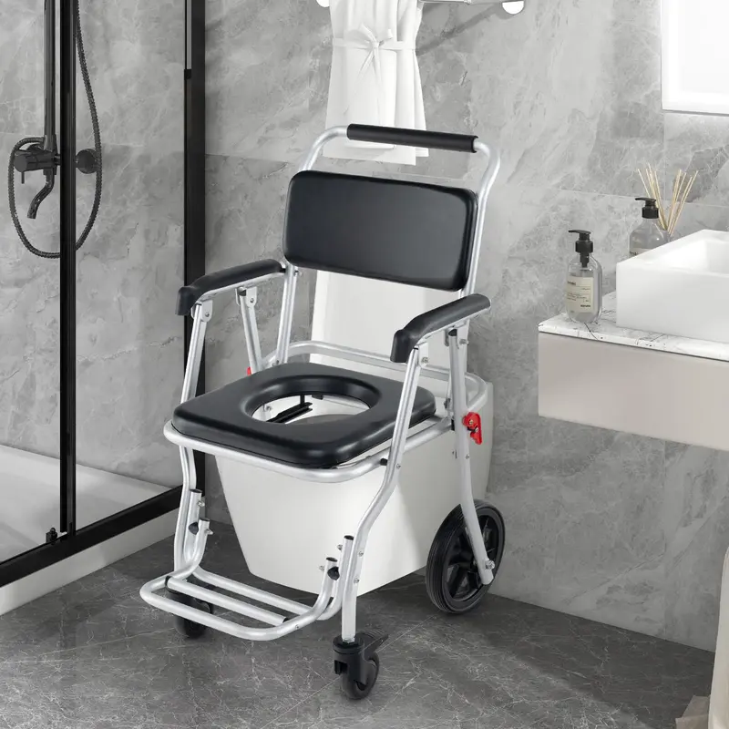 Goplus 4-in-1-Duschklosett-Rollstuhl, klappbarer Bettklosett-Stuhl für Toilettenbenutzung mit Armlehnen, Tragkraft bis 150 kg