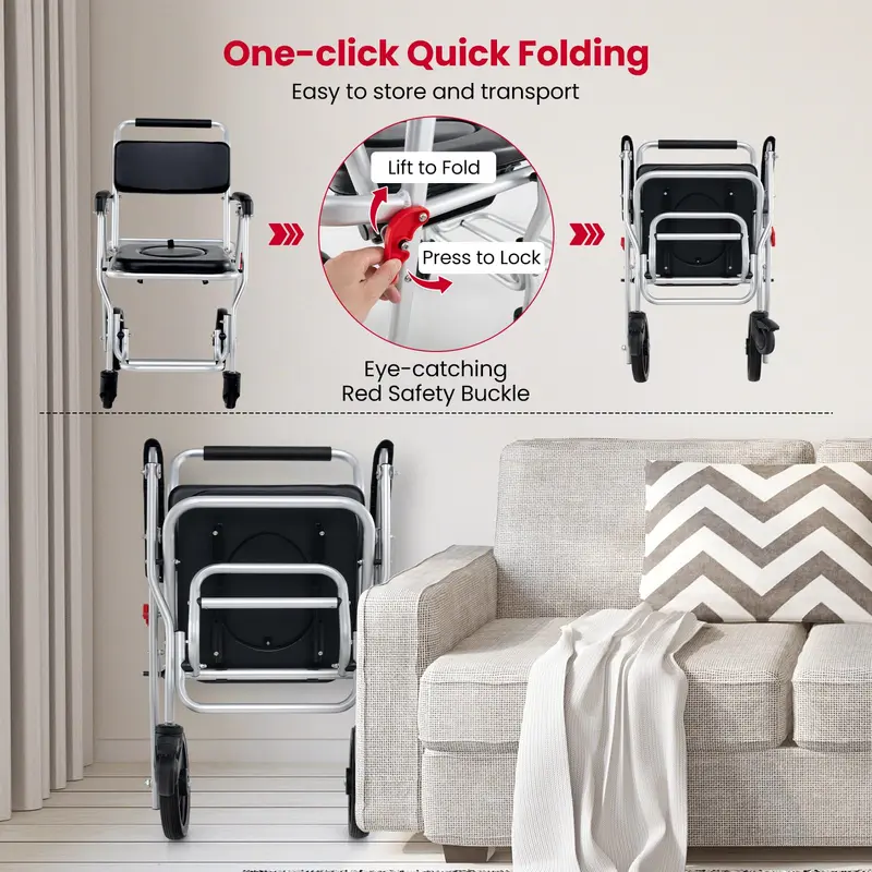 Goplus 4-in-1-Duschklosett-Rollstuhl, klappbarer Bettklosett-Stuhl für Toilettenbenutzung mit Armlehnen, Tragkraft bis 150 kg