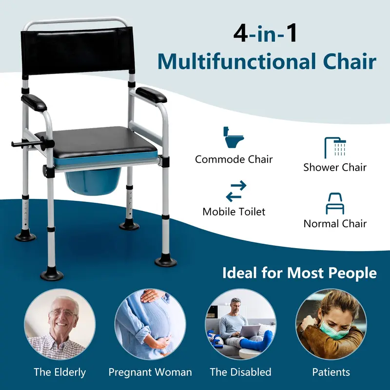 Goplus 4-in-1 Nachttisch-Kommode, klappbarer Toilettenstuhl mit Duschfunktion und abnehmbarem Eimer