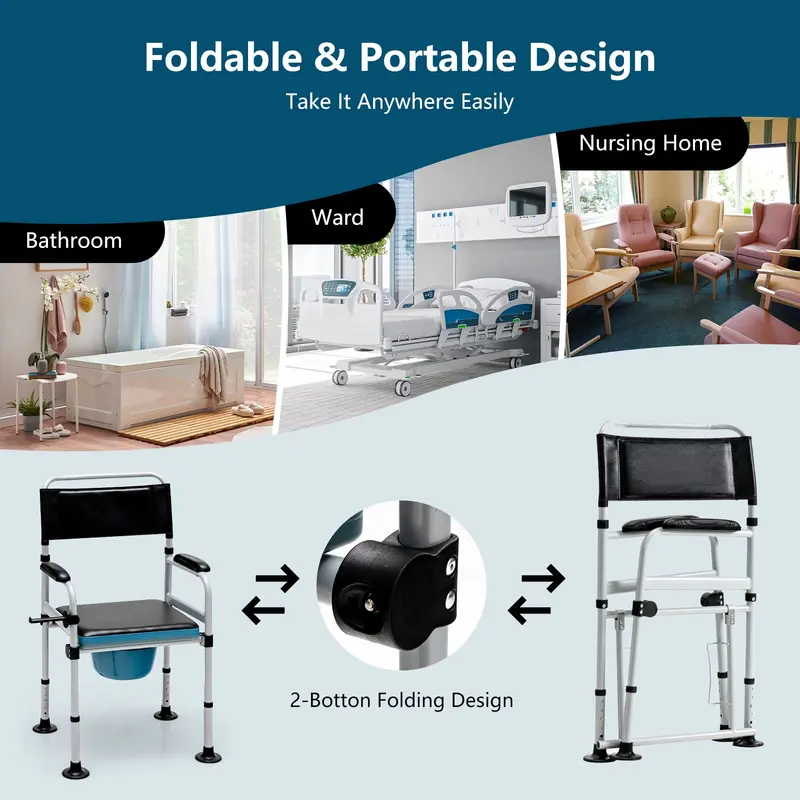 Goplus 4-in-1 Nachttisch-Kommode, klappbarer Toilettenstuhl mit Duschfunktion und abnehmbarem Eimer