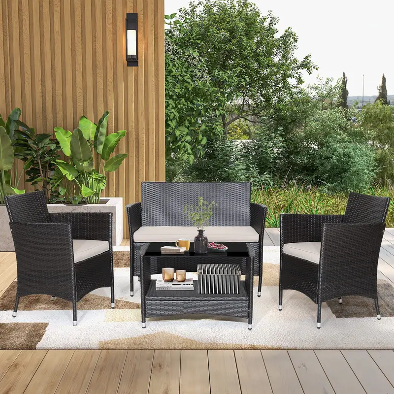 GoPlus 4-teiliges Gartenmöbel-Set aus Rattan: Sofa mit Armlehnen, Kissen, Couchtisch mit Ablage – für Terrasse und Garten