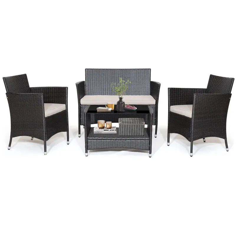 GoPlus 4-teiliges Gartenmöbel-Set aus Rattan: Sofa mit Armlehnen, Kissen, Couchtisch mit Ablage – für Terrasse und Garten 2