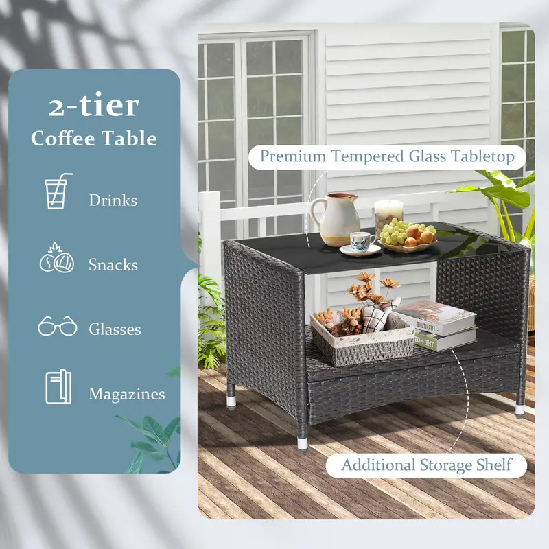 GoPlus 4-teiliges Gartenmöbel-Set aus Rattan: Sofa mit Armlehnen, Kissen, Couchtisch mit Ablage – für Terrasse und Garten