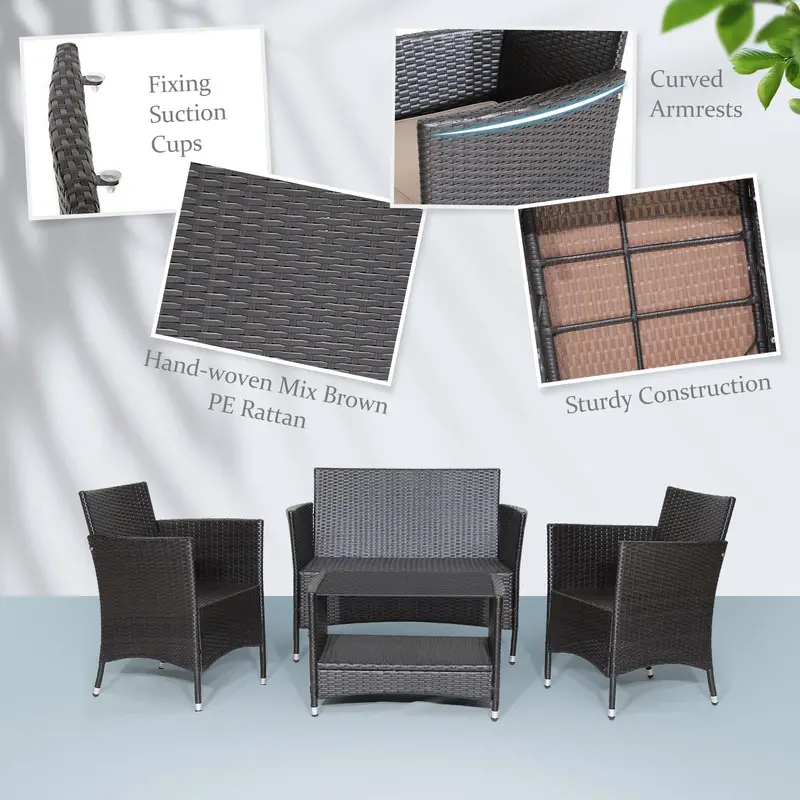 GoPlus 4-teiliges Gartenmöbel-Set aus Rattan: Sofa mit Armlehnen, Kissen, Couchtisch mit Ablage – für Terrasse und Garten