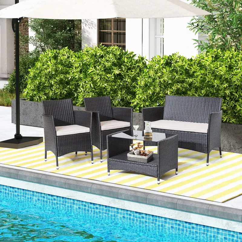 GoPlus 4-teiliges Gartenmöbel-Set aus Rattan: Sofa mit Armlehnen, Kissen, Couchtisch mit Ablage – für Terrasse und Garten