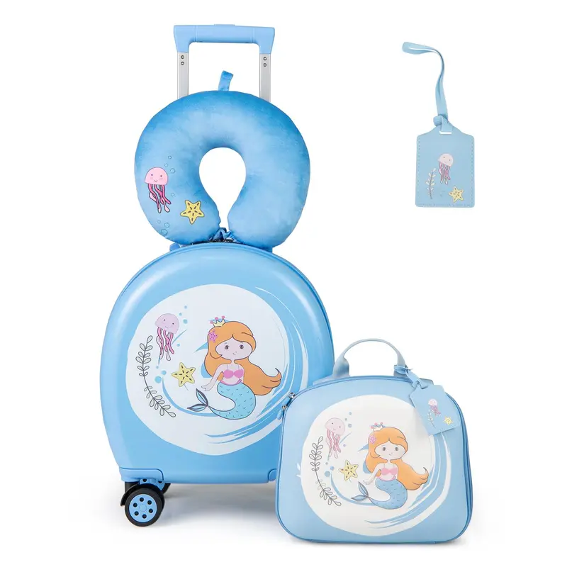 Goplus 4-teiliges Kinder-Koffer-Set, 14"-Handgepäck-Koffer mit Hartshell und 4-Rad-Drehlaufwerk sowie 10"-Rucksack