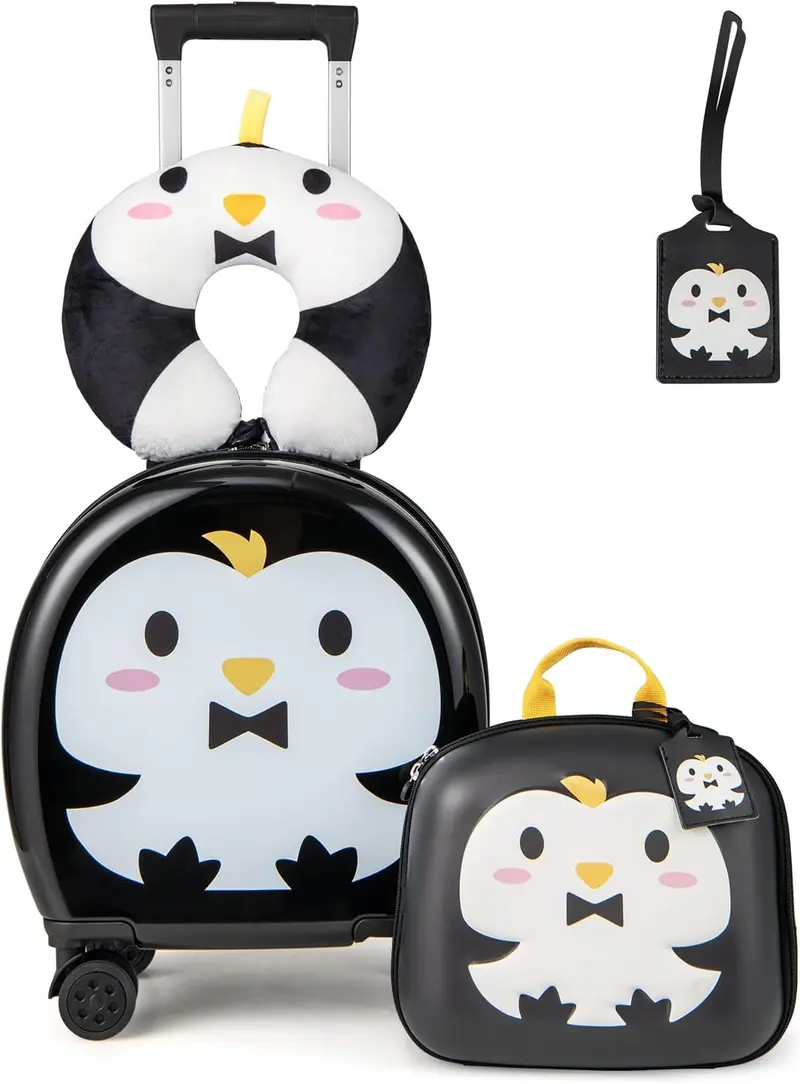 Goplus 4-teiliges Kinder-Koffer-Set, 14"-Handgepäck-Koffer mit Hartshell und 4-Rad-Drehlaufwerk sowie 10"-Rucksack