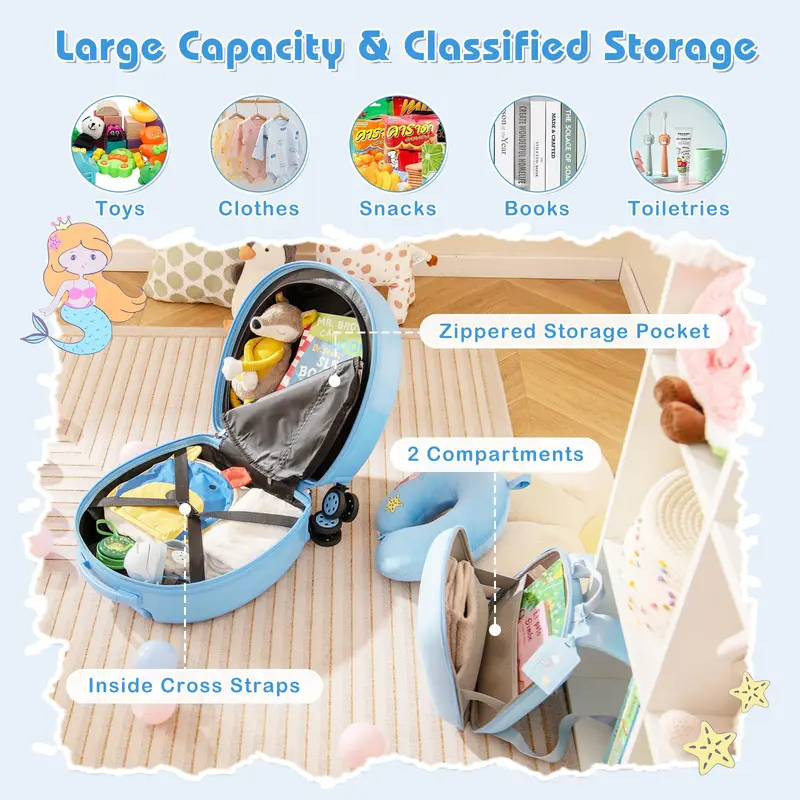 Goplus 4-teiliges Kinder-Koffer-Set, 14"-Handgepäck-Koffer mit Hartshell und 4-Rad-Drehlaufwerk sowie 10"-Rucksack