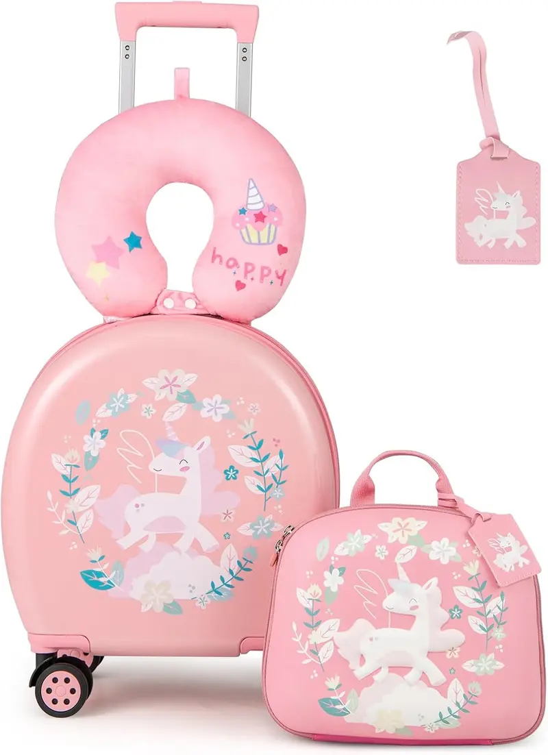 Goplus 4-teiliges Kinder-Koffer-Set, 14"-Handgepäck-Koffer mit Hartshell und 4-Rad-Drehlaufwerk sowie 10"-Rucksack