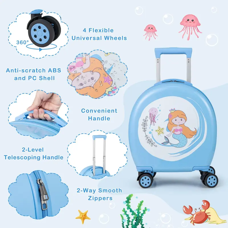 Goplus 4-teiliges Kinder-Koffer-Set, 14"-Handgepäck-Koffer mit Hartshell und 4-Rad-Drehlaufwerk sowie 10"-Rucksack