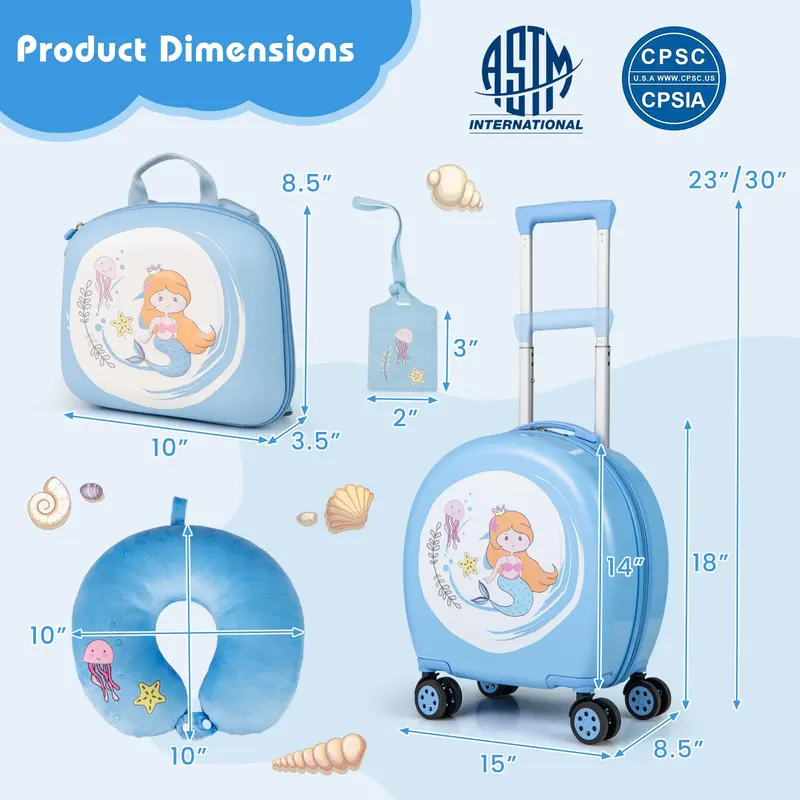 Goplus 4-teiliges Kinder-Koffer-Set, 14"-Handgepäck-Koffer mit Hartshell und 4-Rad-Drehlaufwerk sowie 10"-Rucksack